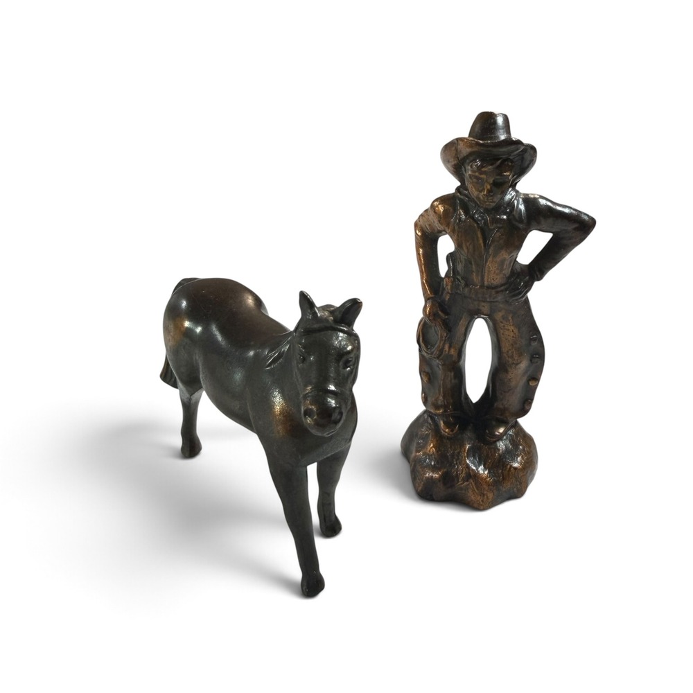 Vintage Western Cowboy and Horse Metal Figurines Bronze Tone Rustic Decor Set